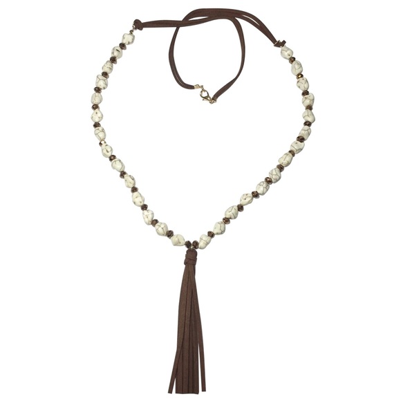Ivory Stone Suede Tassel Long Necklace Earring Set - Picture 1 of 2